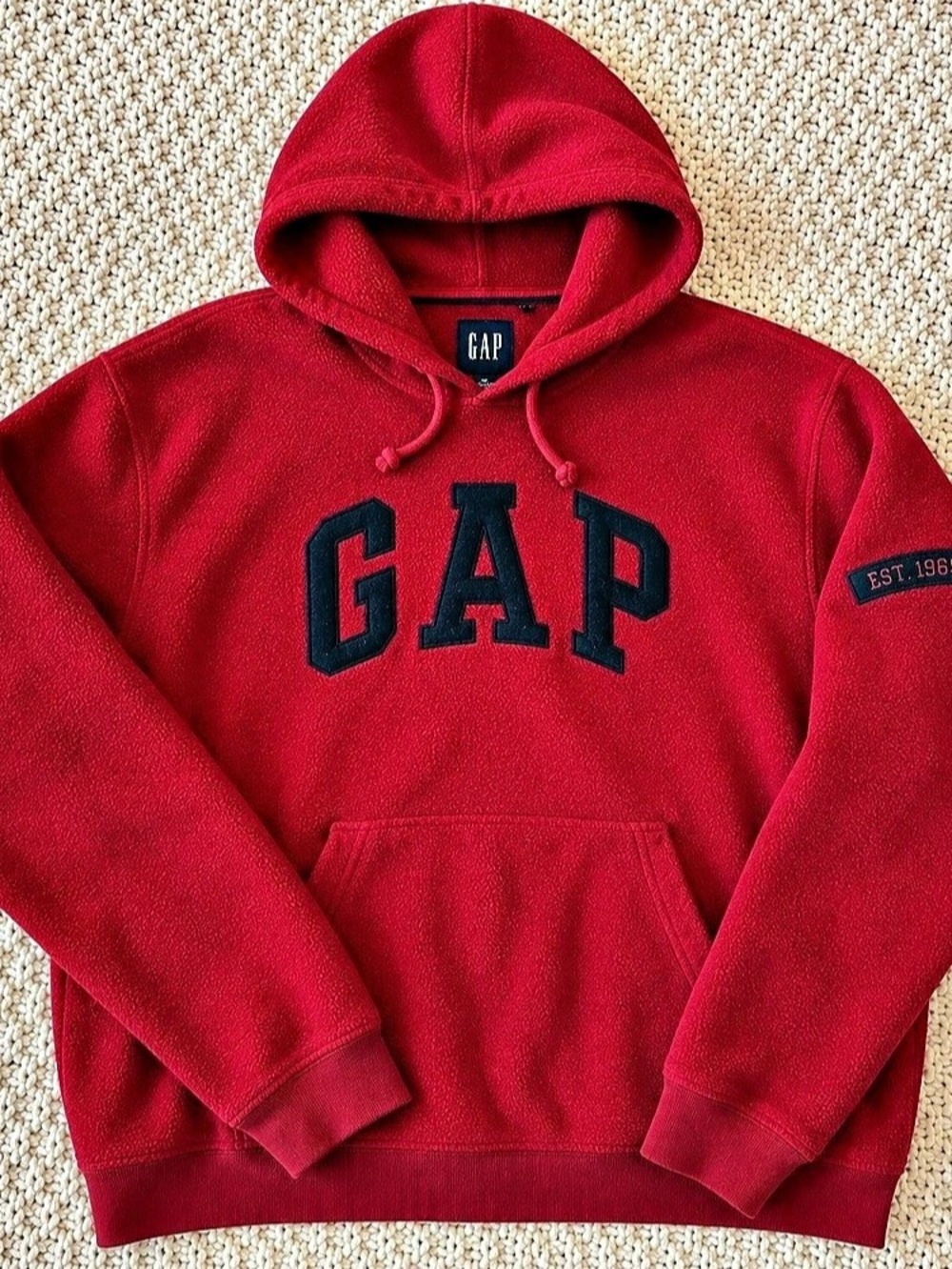 Gap Arch Logo Fleece Pullover Hoodie with Est. 1969 Sleeve Patch Red